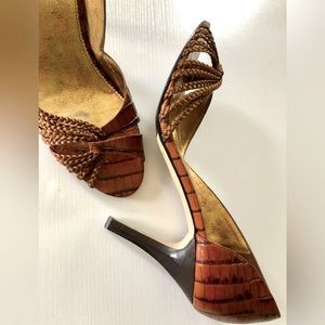 9 West cognac faux croc.braided strap open toe Wood stacked heel pump, 7 1/2 M